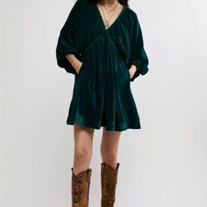 Free People Emerald Green Velvet V-Neck Mini Dress